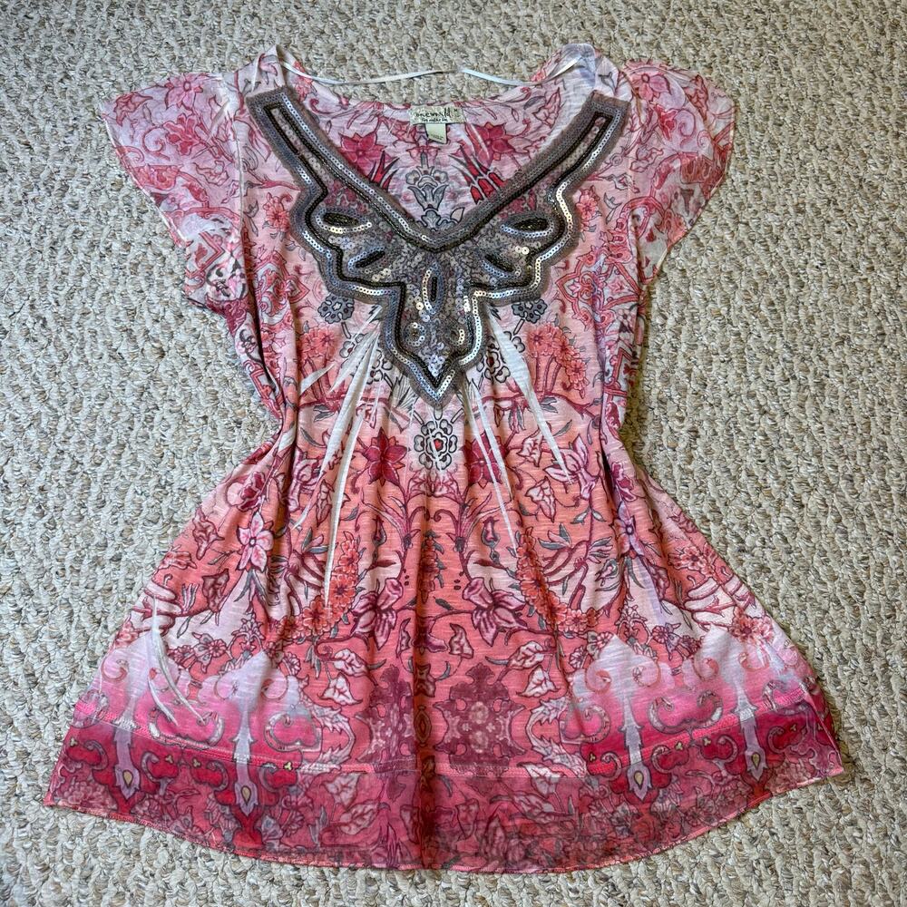 One‎ World Pink Sequin Artsy Boho Floral Indie Flowy Pink White Silver Brat Sz M